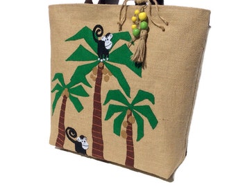 Urban jungle tote bag with coconut tree and monkeys, handmade, hand embroidered, summer/beach tote bag, boho style, ANIMAL LOVERS GIFT