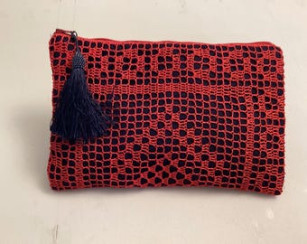 Handmade Coral Lace Clutch Bag | Elegant Evening Pouch | Black & Coral Cosmetic Bag | One of a Kind Gift for Women