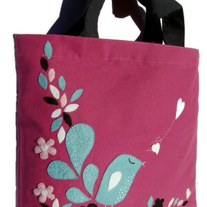 Pink canvas tote bag, handcrafted, artisan, hand appliqued little blue bird, stylish shoppers, carryall, unique image 5