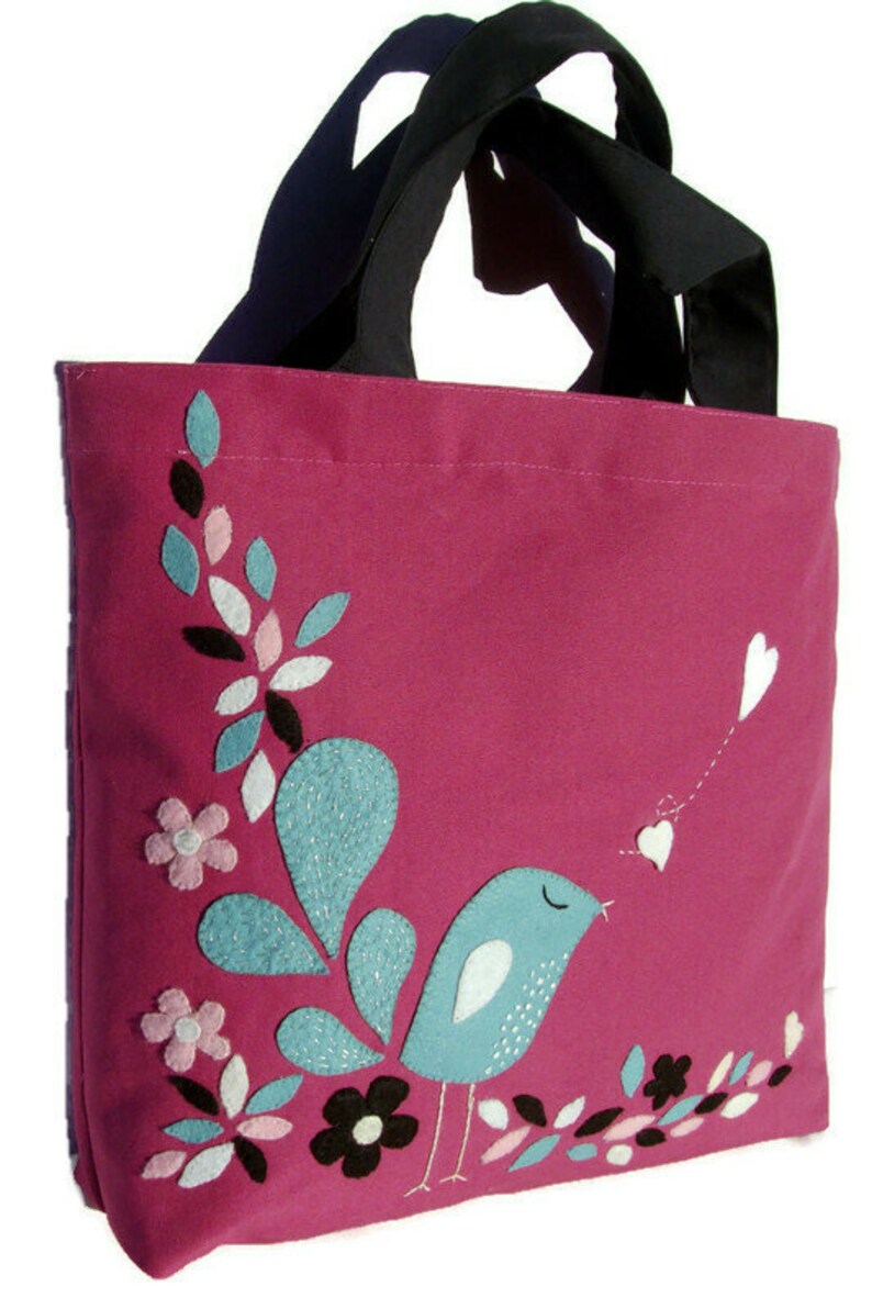 Pink canvas tote bag, handcrafted, artisan, hand appliqued little blue bird, stylish shoppers, carryall, unique image 5