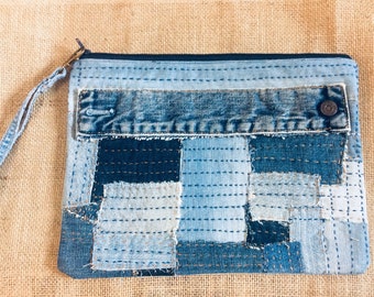 Boho, unisex boro clutch bag, handmade with recycled jeans, handstitched with sashiko patchwork, father's day gift