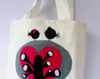 Handmade white canvas  tote bag,  appliqued , carry all,  summer love