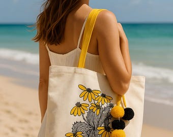 Hand appliqued Cactus Flower Tote Bag - Hand embroidered deails  Cotton Canvas