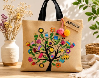 Hand appliqued jute tote bag with tree, handmade boho market, colorful floral shoulder bag, Artisan gift for her
