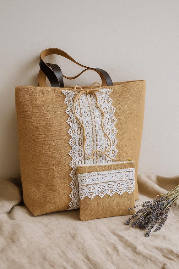 Handmade Jute Tote Bag: Leather Straps & Lace, Chic Shopper With