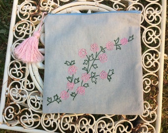 Hand-embroidered Blue Cotton Pouch Bag with Floral Garland - Unique Gift, One of a Kind, Carryall Organizer, moms gift