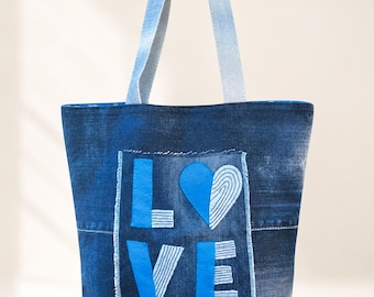 Handmade Denim Tote Bag: Appliquéd LOVE Design, Upcycled Fashion