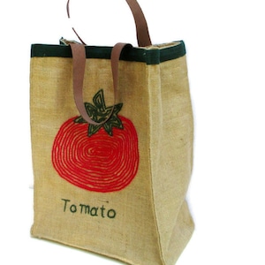 Rustic Chic Burlap Shopper Tote with Tomato Embroidery & Leather Straps