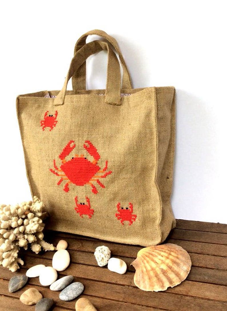 Summer jute tote bag handmade handmade tote bag Casual Tote Bag cross stitched red crabs beach tote bag