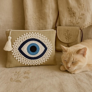Evil Eye linen Pouch Bag, handmade/hand crosset,Hand Appliqued, artisan ,Spiritual Accessories, Unique gift,boho style