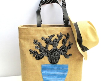 Cactus jute beach bag, handmade, hand appliqued,embroidered, handmade summer/vacations/city tot bag, shoppers bag,