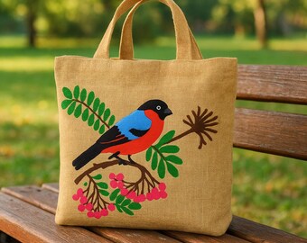Handmade Jute Tote Bag: Embroidered Cardinal Bird on Cherry Tree