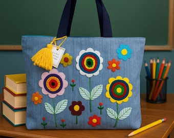 Handmade Floral Appliquéd Denim Tote Bag: Recycled Zero Waste