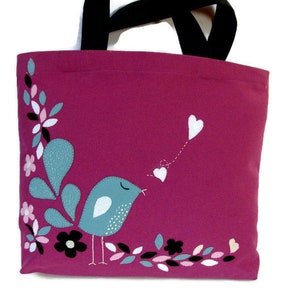 Pink canvas tote bag, handcrafted, artisan, hand appliqued little blue bird, stylish shoppers, carryall, unique image 1