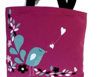 Pink canvas tote bag, handcrafted, artisan, hand appliqued little blue bird, stylish shoppers, carryall, unique