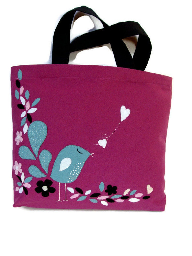 Pink canvas tote bag, handcrafted, artisan, hand appliqued little blue bird, stylish shoppers, carryall, unique image 1