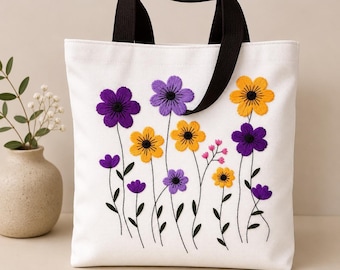 Floral Appliqué Tote Bag | Handmade Canvas Tote with Embroidered Flowers | Botanical Market Bag | Cottagecore Gift for Her