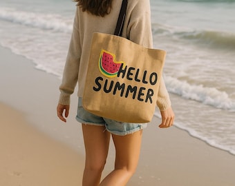 Embroidered Watermelon Jute Tote Bag: Hello Summer Beach Bag