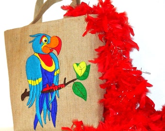 ハンドメイド手刺繍トートバッグ-オウム ハンドメイドのオウムアップリケ付きジュートトートバッグ