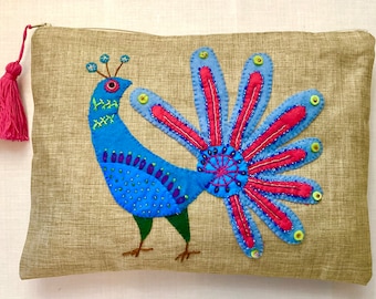 Peacock Hand Appliqued Pouch Bag Unique Handmade, personalized gift, one of a kind, mothers day gift