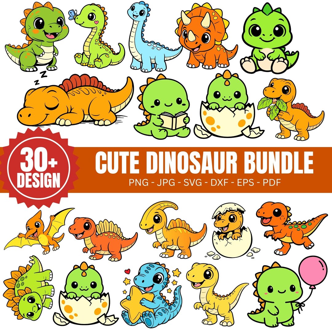 Dinosaur Clipart Bundle Kawaii Baby Prehistoric Animals PNG DXF EPS ...