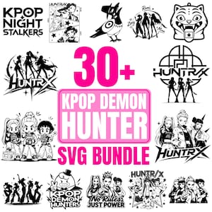 Peut inclure: Une collection de plus de 30 designs graphiques numériques en noir et blanc représentant des personnages inspirés de la K-pop, des thèmes de chasseurs de démons stylisés et des textes comme KPOP NIGHT STALKERS, HUNTRX et NO RULES JUST POWER.