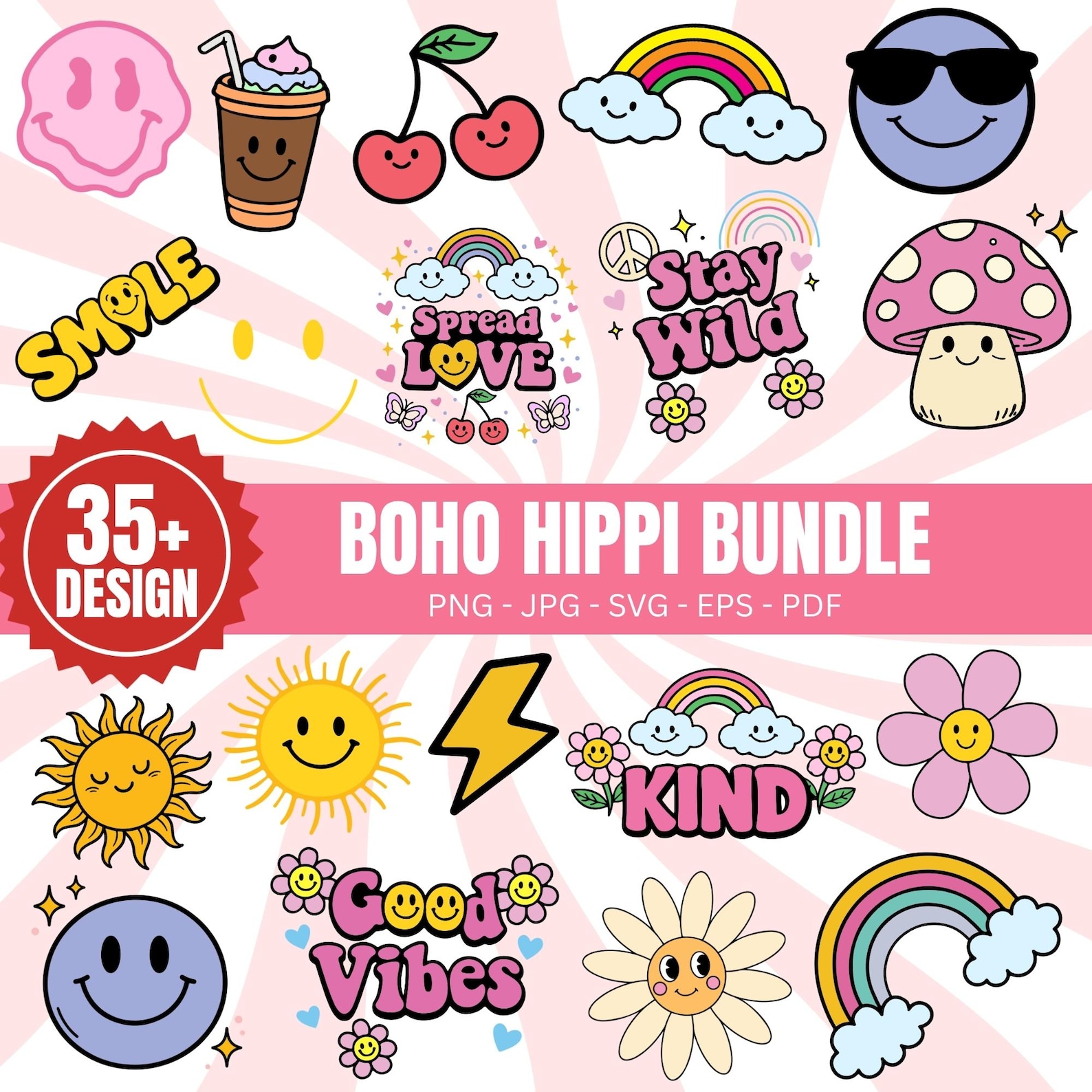 Boho Hippie SVG Bundle Retro Smiley Flower Rainbow Sun Groovy Designs ...