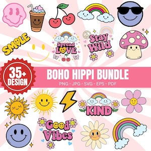 Puede incluir: Una colección de gráficos coloridos de estilo retro con caras sonrientes, arcoíris, flores, cerezas y una seta. El texto incluye "BOHO HIPPI BUNDLE", "Spread Love", "Stay Wild", "Good Vibes" y "KIND".