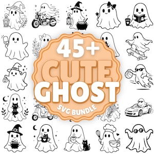 May include: A collection of black and white line art illustrations featuring various ghosts in different activities, including riding a motorcycle, skateboarding, cooking, and holding items, with a central peach-colored badge reading 45+ CUTE GHOST SVG BUNDLE.