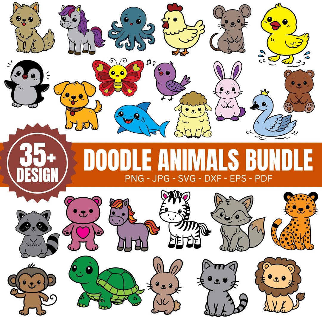 Doodle Animals Bundle SVG 50+ Kawaii Clipart Baby Animals PNG Cartoon ...