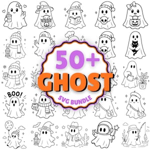 May include: A digital collection of black and white line art illustrations featuring various ghosts in different outfits and activities, with the text 50+ GHOST SVG BUNDLE centered in a scalloped badge overlaying the graphic designs.