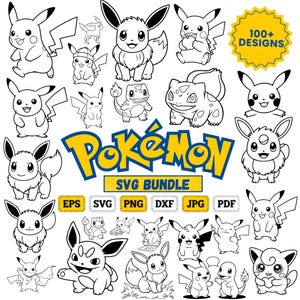 Puede incluir: Ilustraciones en blanco y negro de personajes de Pokémon. La imagen incluye varios Pokémon, el logotipo de Pokémon y el texto "SVG BUNDLE" con iconos de tipo de archivo. También hay una forma de estrella amarilla con el texto "100+ DESIGNS".