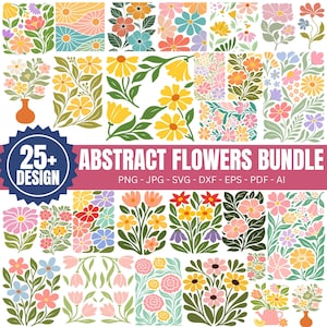 May include: A collection of colorful abstract floral designs in various styles. The designs include flowers, leaves, and decorative elements in shades of pink, yellow, blue, and green. Text reads "25+ DESIGN ABSTRACT FLOWERS BUNDLE".