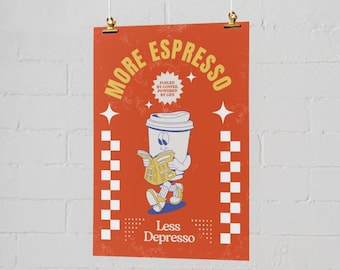 More Espresso Less Depresso Print | Retro Cartoon Coffee Poster for Kitchen Dining Room | Vintage Coffee Wall Art Home Decor