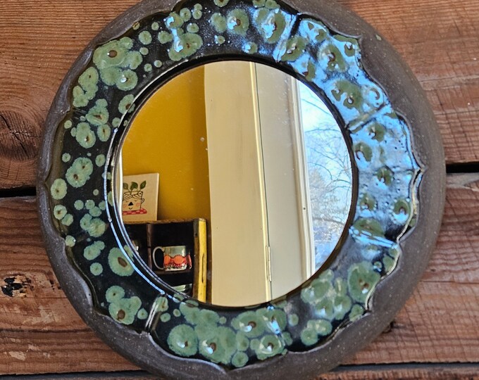 Wall Mirror, wheel thrown pottery mirror, boho decor, hanging mirror, handmade pottery, ceramic mirror, round mirror,