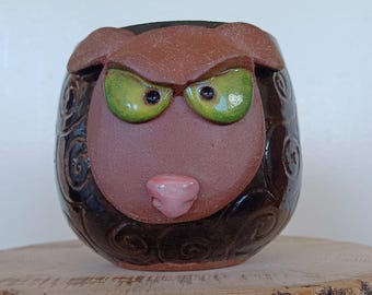 Handmade Angry Sheep Stoneware Mug: 20oz Black Amber Blue Glaze – Unique Pottery Drinkware