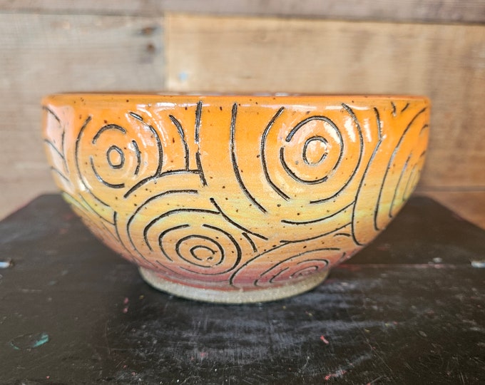 Noodle Bowl, Orange Pottery Bowl, sgraffito pottery, one-of-a-kind bowl, dinner bowl