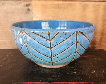 Noodle Bowl, Blue Ceramic Bowl, Blue Pottery Bowl, Handmade pottery, handmade sgraffito pottery, one-of-a-kind bowl, dinner bowl