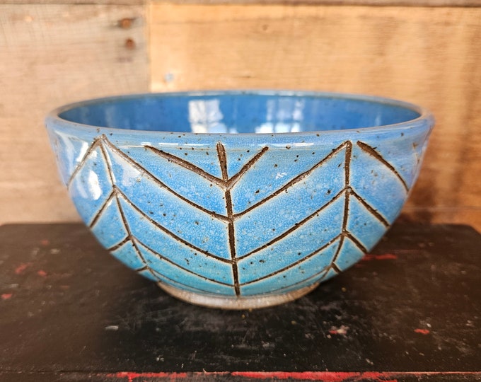 Noodle Bowl, Blue Ceramic Bowl, Blue Pottery Bowl, Handmade pottery, handmade sgraffito pottery, one-of-a-kind bowl, dinner bowl
