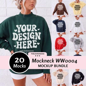May include: A collection of mockneck sweatshirts in various colors, including dark green, brown, yellow, navy, white, red, gray, and black. Each sweatshirt features the white text YOUR DESIGN HERE with heart accents and the text THELOVEMOCKS.