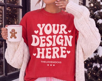 Comfort Colors 1717 Red Shirt Mockup, C1717 Model Mockup, Cozy Christmas Lifestyle Winter Mock