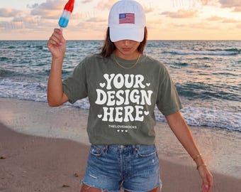 Comfort Colors 1717 Moss Shirt Mockup, C1717 Model Mockup, 4th of July Mockup, Americana Summer Lake Mockup Trendy Lifestyle Mockup