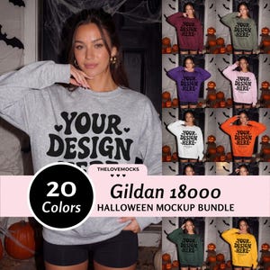 May include: A grey crewneck sweatshirt featuring the black text YOUR DESIGN HERE in a retro font. The image displays a mockup bundle of twenty Gildan 18000 sweatshirts in various colors, including maroon, olive, purple, pink, white, orange, and yellow.