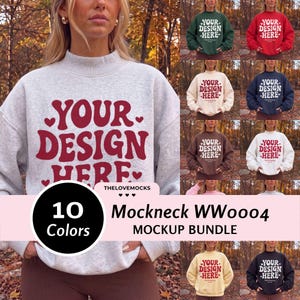 May include: A mockneck sweatshirt mockup bundle featuring ten different colors, each displaying the text YOUR DESIGN HERE in a bold, wavy red font with small heart accents. The collection includes various solid-colored garments for display.