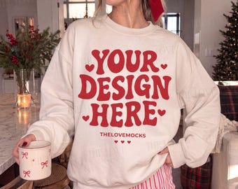 Gildan 18000 Sand Sweatshirt Mockup, G18000 Christmas Mockup (Digital Download)