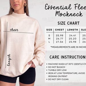 May include: A cream-colored fleece mockneck sweatshirt with long sleeves and a high collar. The image includes a size chart with measurements in inches for sizes S, M, and L, detailing chest, length, and sleeve dimensions, plus care instructions.