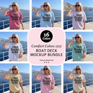May include: A mockup bundle featuring Comfort Colors 1717 t-shirts in various colors. Each shirt displays the text "YOUR DESIGN HERE" in black. The image includes a central graphic with "16 Colors" and "BOAT DECK MOCKUP BUNDLE".