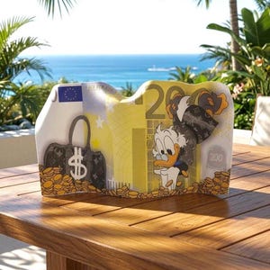 Può includere: Un pezzo decorativo curvo con il design di una banconota gialla da 200 euro. Raffigura un personaggio papero dei cartoni animati, una borsa nera con un simbolo del dollaro bianco e pile di monete d'oro. L'opera include il simbolo della bandiera UE.