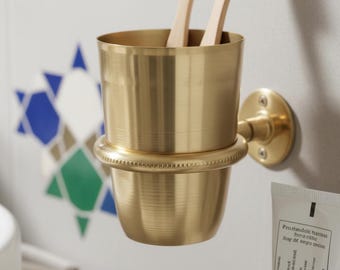 Soporte para cepillos de dientes artesanal de latón macizo – Vaso de baño de oro cepillado para montaje en pared
