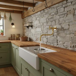 Pode incluir: Uma cozinha com armários verde sálvia, uma pia branca de fazenda e uma bancada de madeira. Uma torneira dourada despeja água em uma panela de metal. O backsplash é uma parede de pedra e o teto tem vigas de madeira.